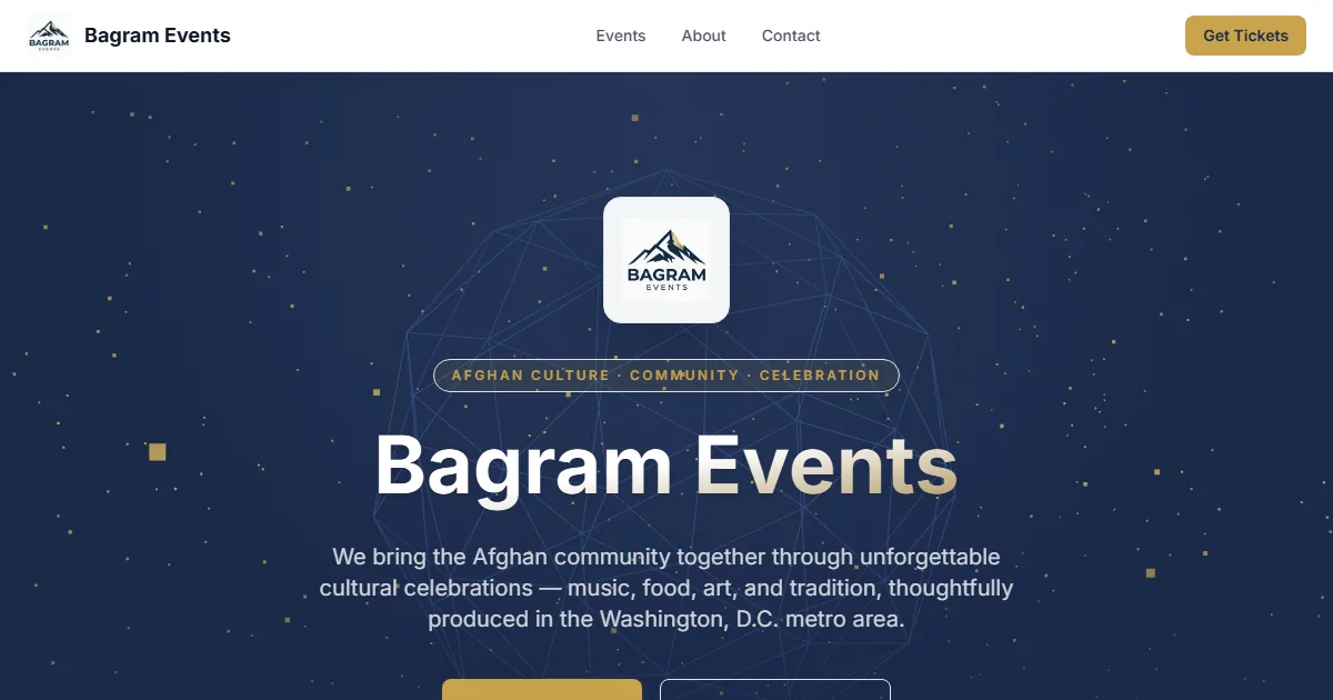 Homepage of the Bagram Events website at bagram.us, showing the logo and the headline Bagram Events