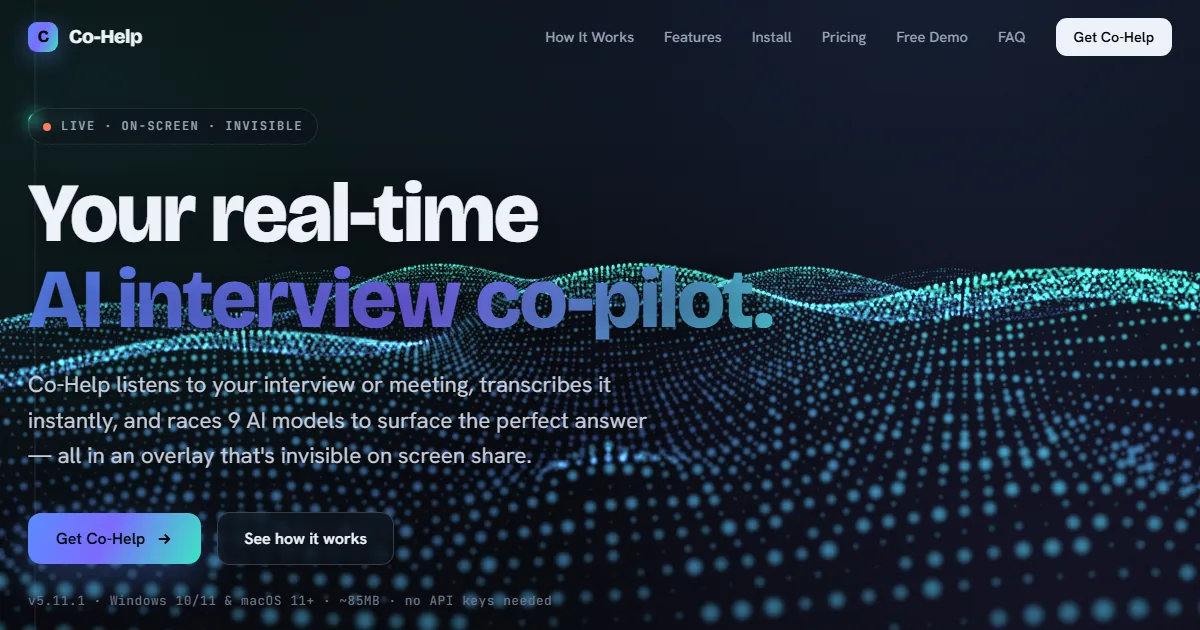 Homepage of co-help.com with the headline Your real-time AI interview co-pilot