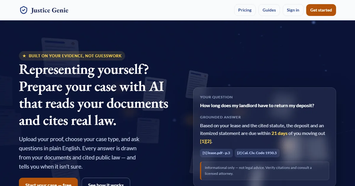 Homepage of justicegenie.help with the headline Representing yourself? Prepare your case with AI that reads your documents and cites real law